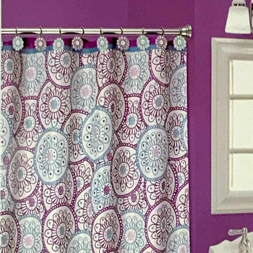 Dream Wheels Fabric Material Shower Curtain 70in X 72 in Purple Teal White